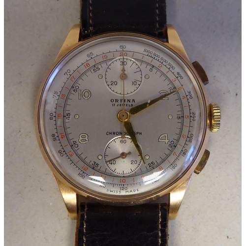 54 - An Orfina chronograph 18ct gold cased, manual wristwatch, faced by an Arabic dial and subsidiary sec... 