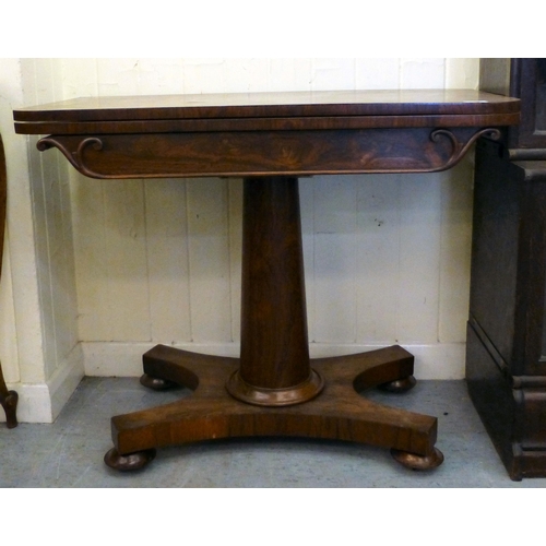 55 - A William IV rosewood card table, the foldover top enclosing a baize lined interior, raised on a qua... 
