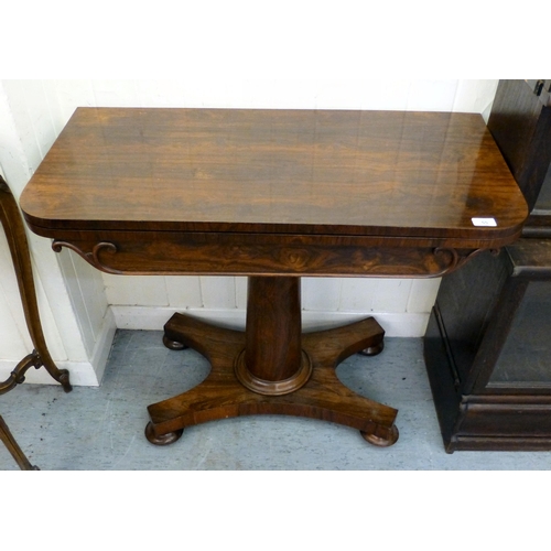 55 - A William IV rosewood card table, the foldover top enclosing a baize lined interior, raised on a qua... 