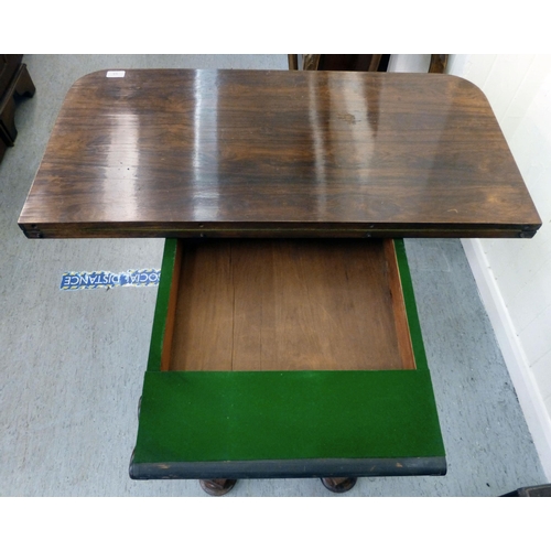55 - A William IV rosewood card table, the foldover top enclosing a baize lined interior, raised on a qua... 
