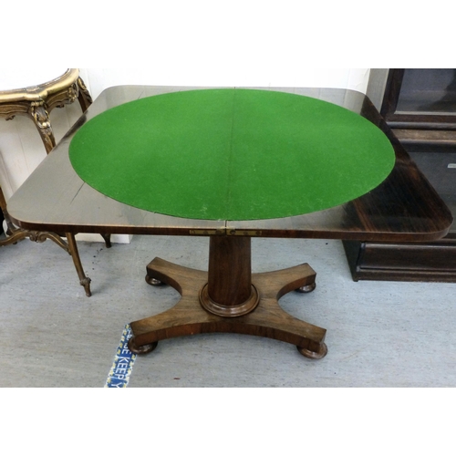 55 - A William IV rosewood card table, the foldover top enclosing a baize lined interior, raised on a qua... 