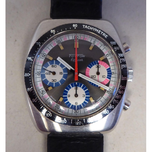 59 - A Fulton Officer chronograph, stainless steel cased wristwatch, faced by a baton dial and three subs... 