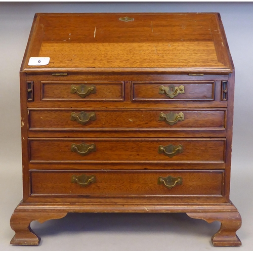 9 - A modern Korean teak Georgian style bureau, in the manner of a trader's sample with brass fittings  ... 