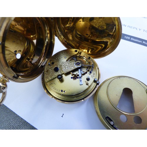 53 - A JW Benson 18ct gold cased Hunter pocket watch, movement no.43053, faced by an enamelled Roman dial... 