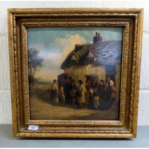 123 - J Smyth - a gathering outside a cottage&nbsp; oil on board&nbsp; bears a signature&nbsp; 14