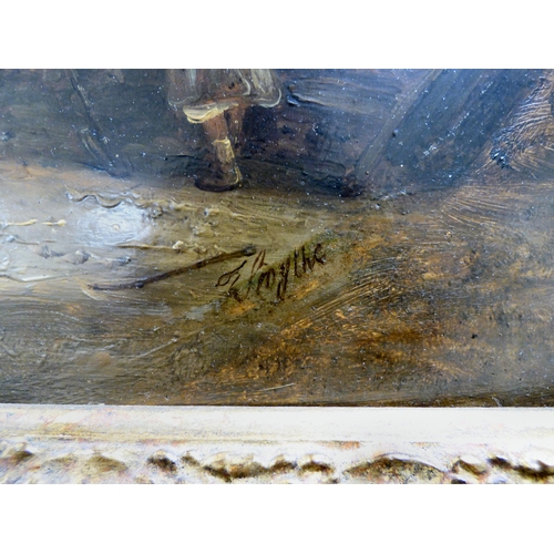 123 - J Smyth - a gathering outside a cottage&nbsp; oil on board&nbsp; bears a signature&nbsp; 14