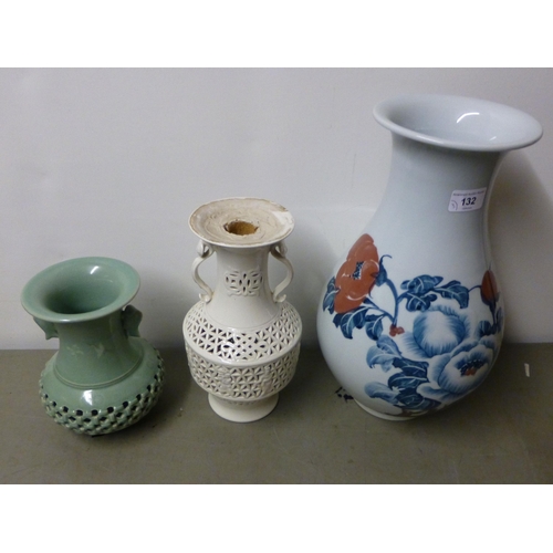 132 - Three modern Chinese vases: to include a porcelain example, decorated with flora&nbsp; 14