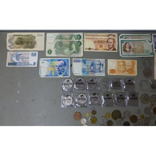 137 - Uncollated British and foreign pre/post decimal coins and banknotes: to include American half dollar... 