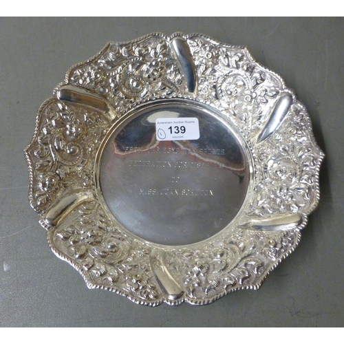 139 - A white metal presentation dish&nbsp; 8.5