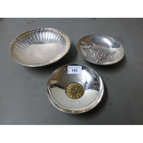 143 - Three white metal dishes  all stamped 925  largest 7