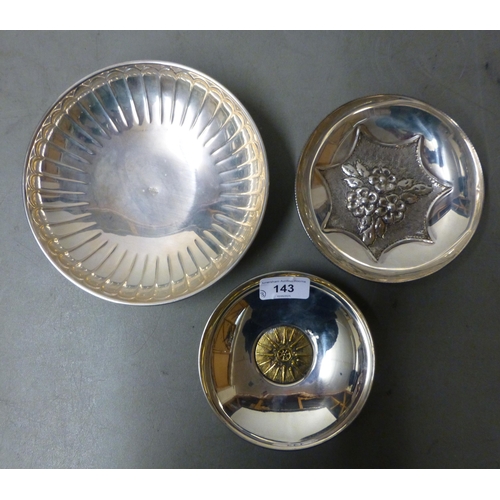143 - Three white metal dishes  all stamped 925  largest 7