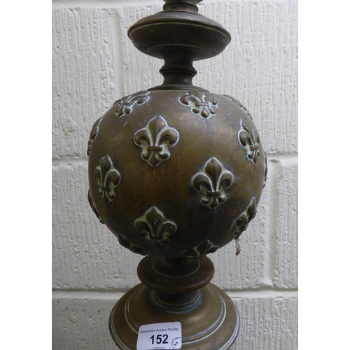 152 - A pair of late 19th/early 20thC cast bronzed fire dogs, fashioned vases with fancy rims, on a steppe... 