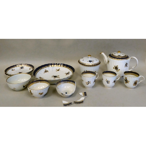 165 - Late 18thC Caughley porcelain teaware, decorated in gilded blue and white with floral sprigs and oth... 
