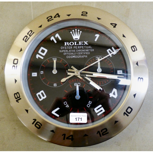 171 - A Rolex retailers shop display wall clock with a battery powered movement&nbsp; 13