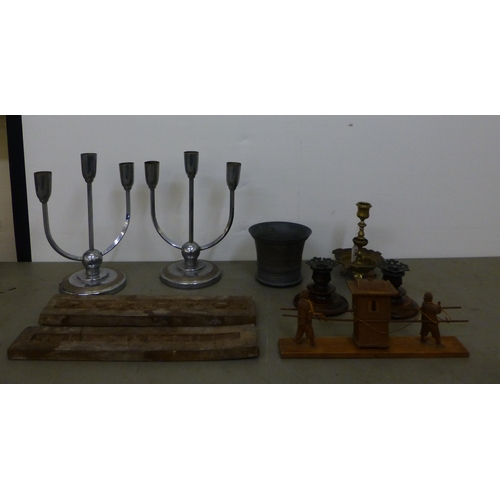 330 - A mixed lot: to include a cast brass candlestick with a pierced tray base  6.5