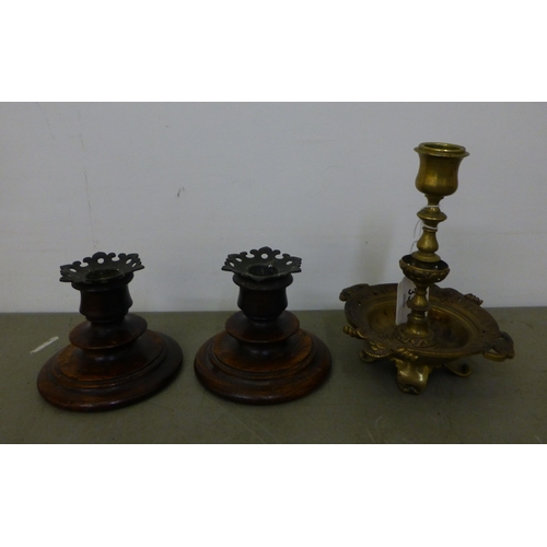 330 - A mixed lot: to include a cast brass candlestick with a pierced tray base  6.5