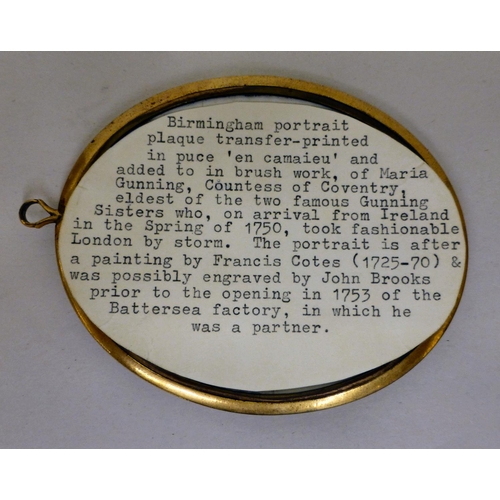 22 - A Victorian miniature, sepia printed enamel portrait plaque, depicting one Maria Gunning, Countess o... 