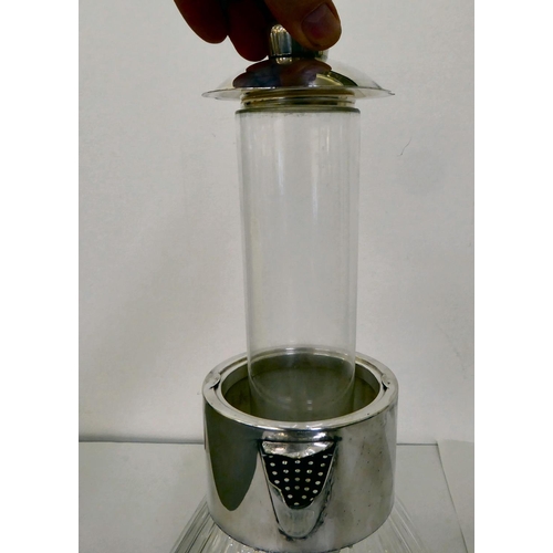 54 - A modern ribbed, clear glass lemonade jug with a silver plated collar, lid and handle with an intern... 