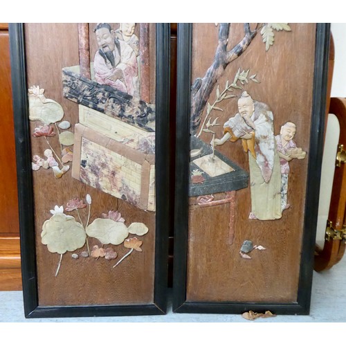 1 - A pair of 20thC Oriental coloured hardstone inlaid, hardwood panels, depicting elders in a landscape... 