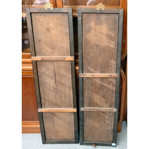 1 - A pair of 20thC Oriental coloured hardstone inlaid, hardwood panels, depicting elders in a landscape... 