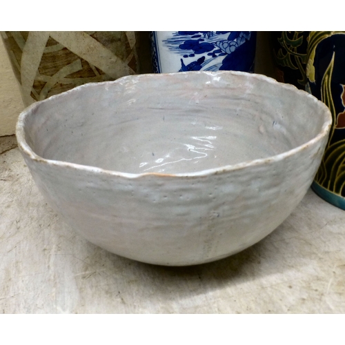 13 - Interior designer accessories: to include a modern china, cylindrical stickstand, decorated in blue ... 