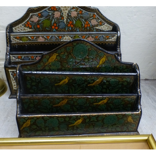16 - Desk top accessories: to include a black lacquered letter rack&nbsp; 8