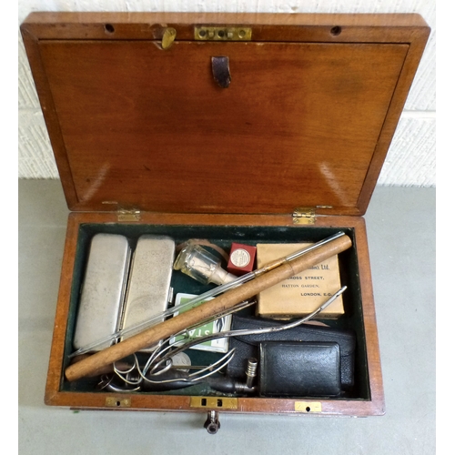29 - A late Victorian mahogany physician/doctor's box with a hinged lid and two drawers, containing medic... 