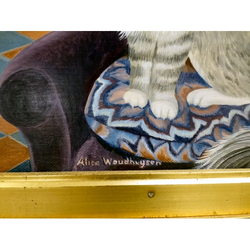 31 - Alice Woudhuysen - a kitchen interior, featuring cats and dogs&nbsp; oil on board&nbsp; bears a sign... 