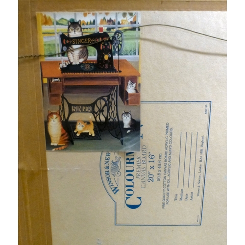 31 - Alice Woudhuysen - a kitchen interior, featuring cats and dogs&nbsp; oil on board&nbsp; bears a sign... 