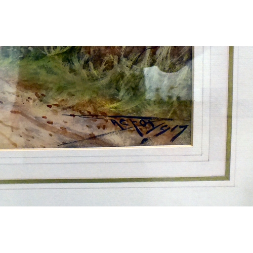 42 - Henry Charles Fox - a shepherd with a flock of sheep, on a path&nbsp; watercolour&nbsp; bears a sign... 