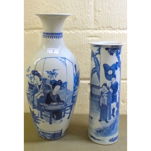 7 - A late 19thC Chinese porcelain vase, decorated with figures, in blue and white&nbsp; 18