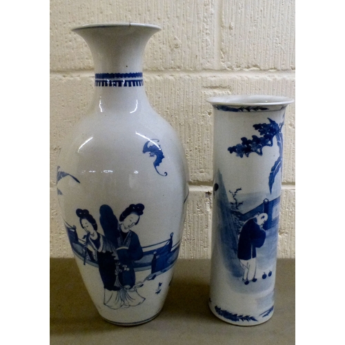 7 - A late 19thC Chinese porcelain vase, decorated with figures, in blue and white&nbsp; 18