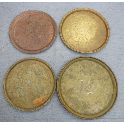 142 - Metalware: to include four Arts & Crafts inspired Lombard copper chargers&nbsp; 17