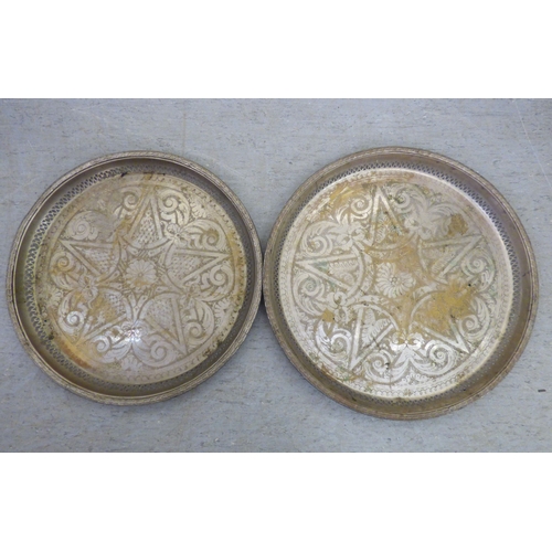 142 - Metalware: to include four Arts & Crafts inspired Lombard copper chargers&nbsp; 17