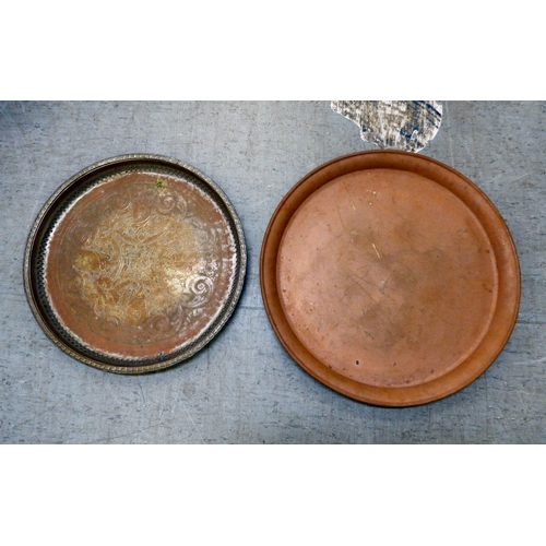 143 - Metalware: to include early/mid 20thC copper and brass, variously decorated tray tops&nbsp; largest ... 