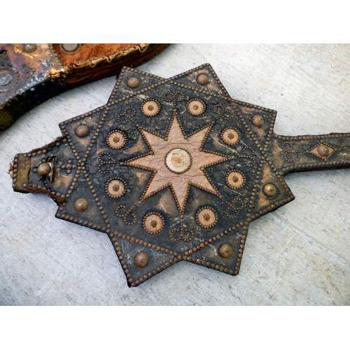 148 - Three Baronial style oak framed, ornately decorated bellows  largest 60