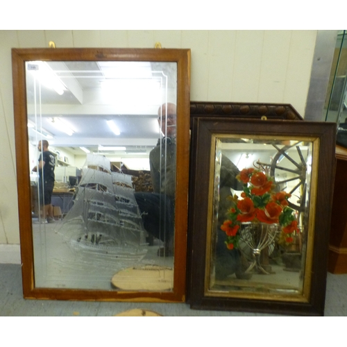 149 - Mainly 20thC etched and overpainted mirrors: to include an example with a galleon&nbsp; 19