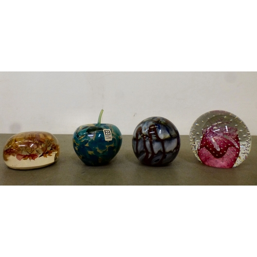 152 - Decorative glass paperweights: to include a Barley Lands Glass Works example, fashioned as a mushroo... 