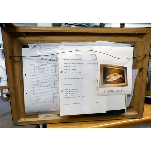 Henry Leonidas Rolfe - three trout on a riverbank oil on canvas bears ...