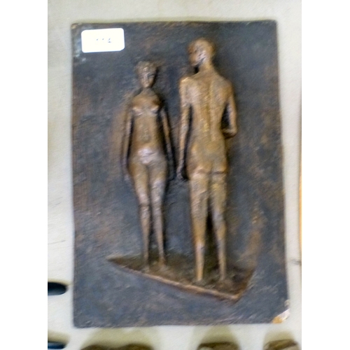 114 - Interior decorators items: to include a composition plaque, depicting two figures inscribed Kormis&n... 