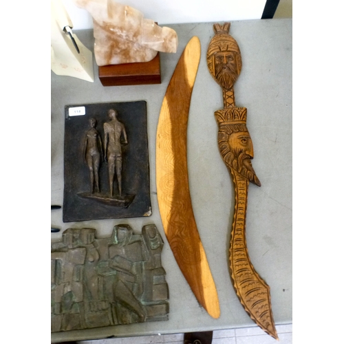 114 - Interior decorators items: to include a composition plaque, depicting two figures inscribed Kormis&n... 