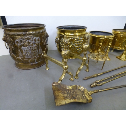 145 - Metalware: to include a brass three piece fire companion set&nbsp; 24