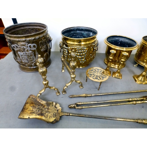 145 - Metalware: to include a brass three piece fire companion set&nbsp; 24