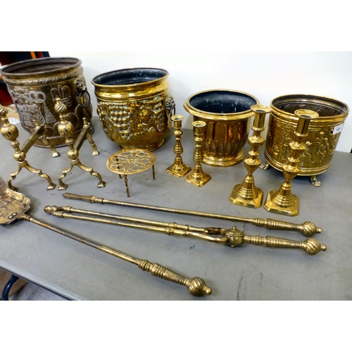 145 - Metalware: to include a brass three piece fire companion set&nbsp; 24