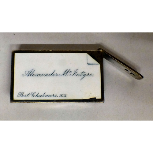 160 - A silver vesta  bears a named porcelain plaque for Alexander McIntyre and 'With Holzapjels Complimen... 