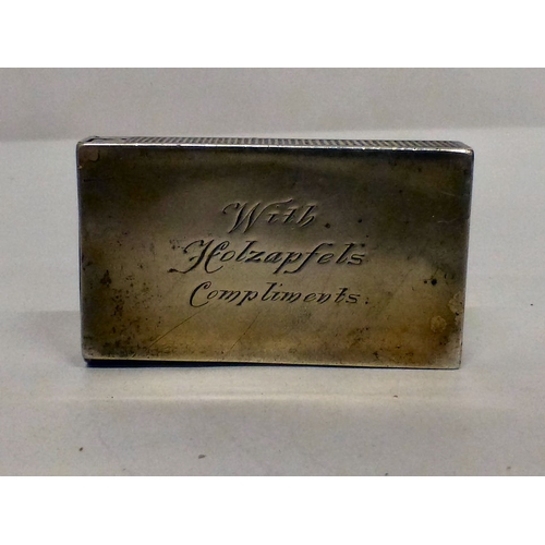 160 - A silver vesta  bears a named porcelain plaque for Alexander McIntyre and 'With Holzapjels Complimen... 