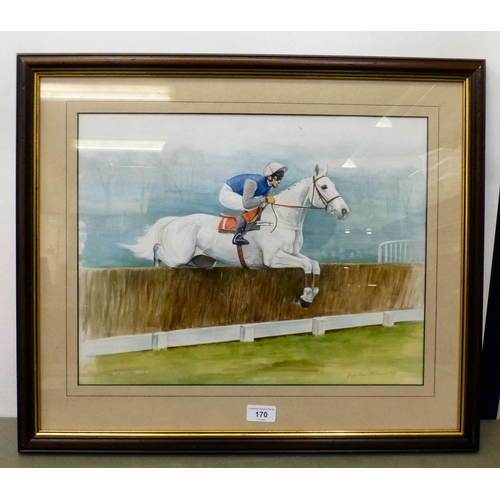 170 - Horseracing related pictures: to include J Stanhope - 'Jumping the Fence'  watercolour  bears a sign... 