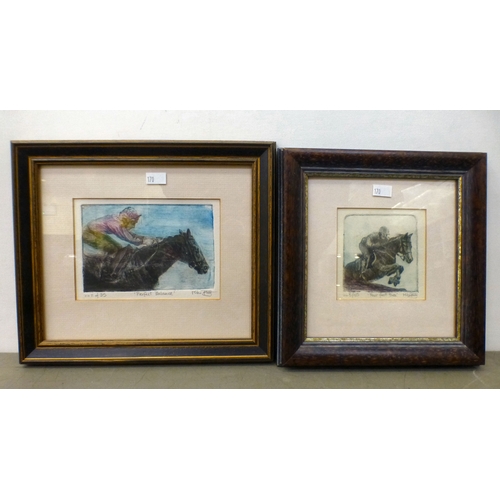 170 - Horseracing related pictures: to include J Stanhope - 'Jumping the Fence'  watercolour  bears a sign... 