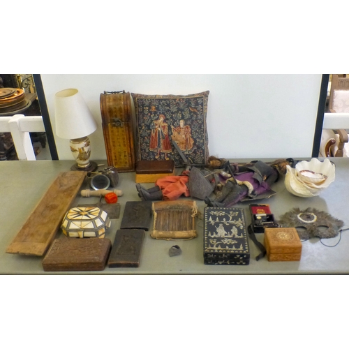 67 - A mixed lot: to include a mother-of-pearl inlaid, ebonised wooden box, decorated with figures amongs... 