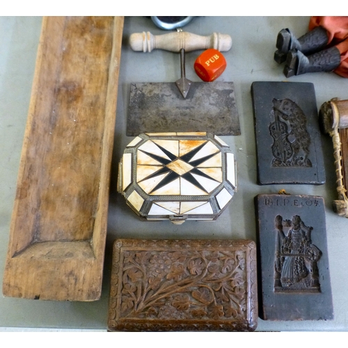 67 - A mixed lot: to include a mother-of-pearl inlaid, ebonised wooden box, decorated with figures amongs... 